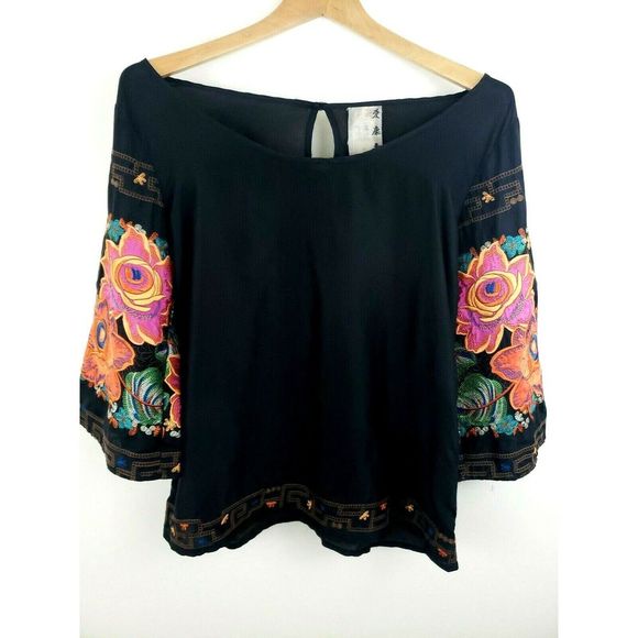 Da-Nang Silk Blouse Embroidered Bell Sleeve - Picture 2 of 8